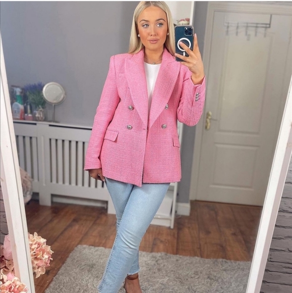 Zara Textured Tweed  Double Breasted  Blazer pink size S - Picture 4 of 17